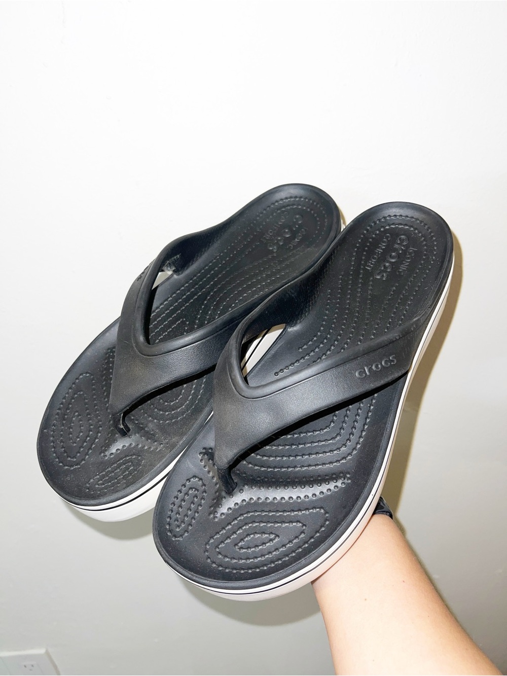 CROCS Women’s Platform Crocband Black and White Casual Flip Flop Sandals